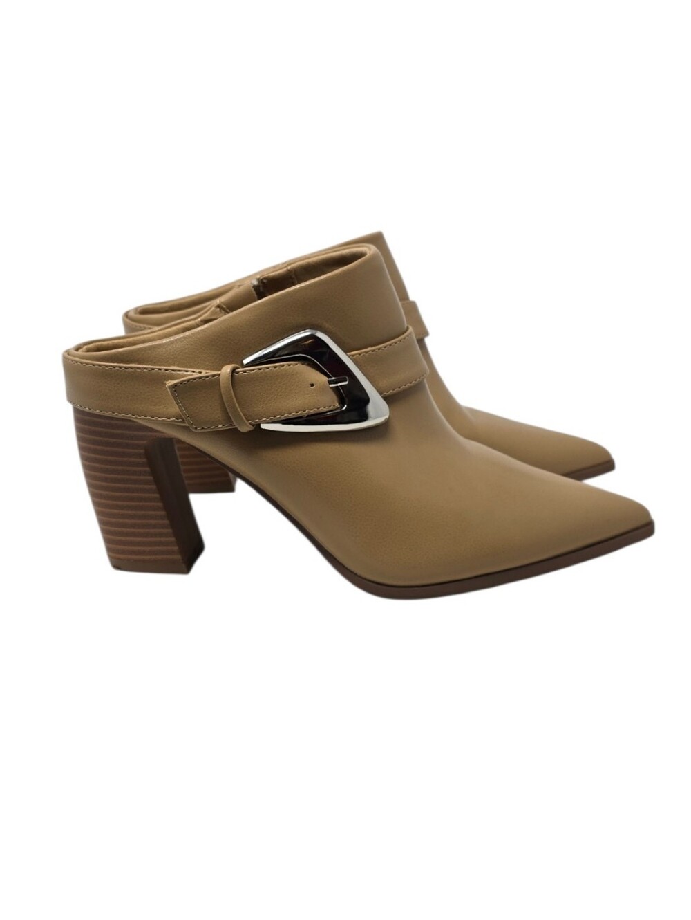Coutgo Stacked Heel Pointy Toe Mule Bootie Heels Caramel Tan Women's 8.5